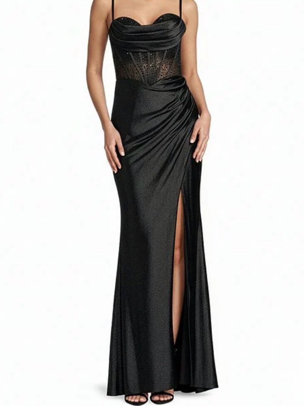 COYA Collection BLACK SATIN  CORSET FORMAL GOWN – LACE-UP BACK Sz large